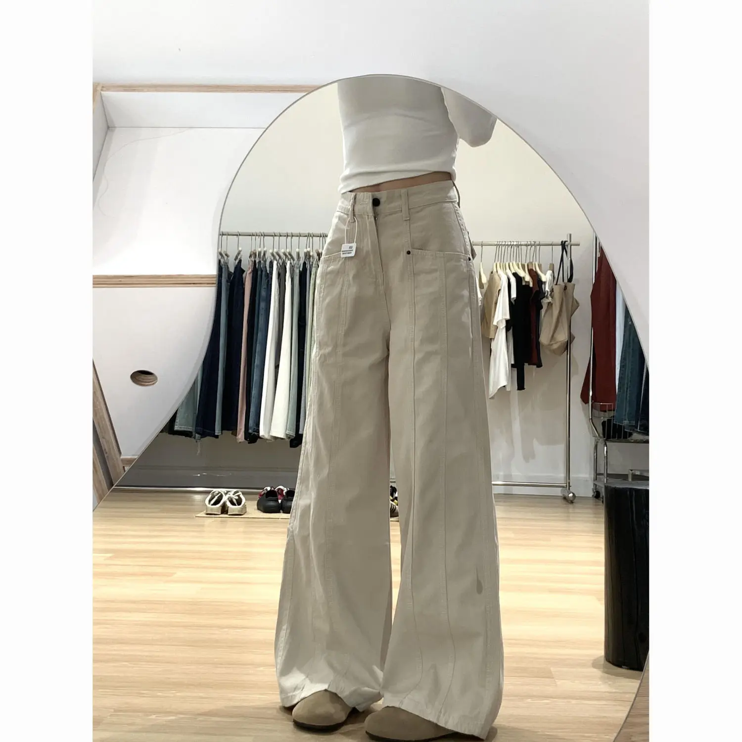 Kastanien Farbe Arbeitskleidung Jeans Hohe Taille Breite Bein Hosen frauen Sle Frühling Herbst Faul Lose Gefühl Gerade Abnehmen Hosen