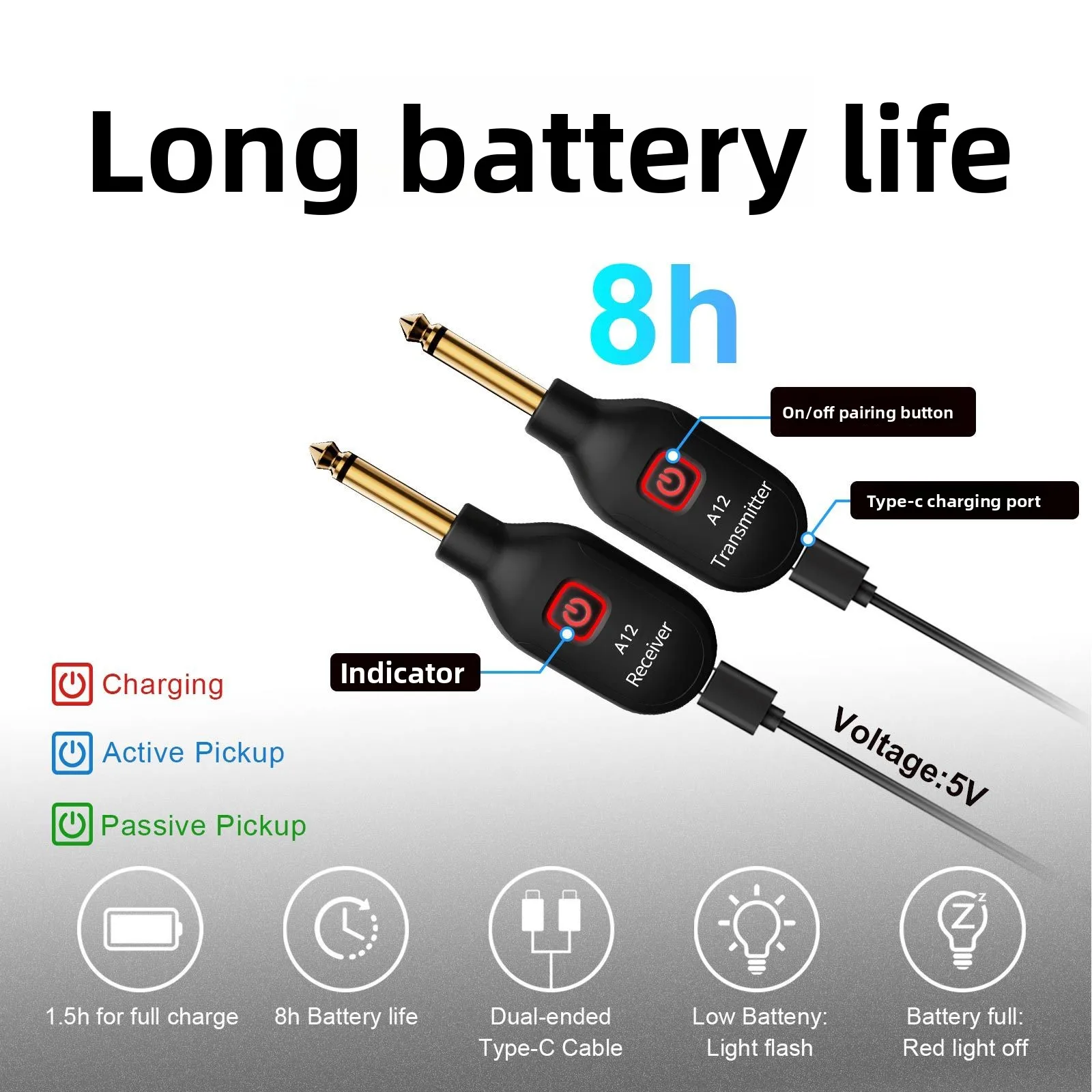 A12 One-to-two Guitar Wireless Transmitter Receiver Electric Guitar Bass Audio Transceiver Musical Instrument Accessories