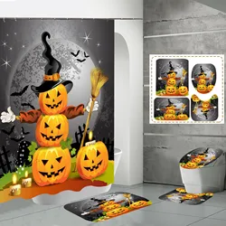 Happy Halloween Shower Curtain Set Funny Cartoon Cat Pumpkin Ghost Skull Bat Home Bathroom Decor Floor Rug Bath Mat Toilet Cover