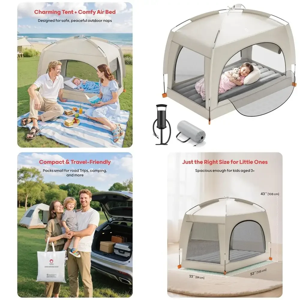 Inflatable Toddler Travel Bed with Tent – Lightweight Blow Up Kids Air Mattress with Hand Pump – Indoor & Outdoor Portable Sleep