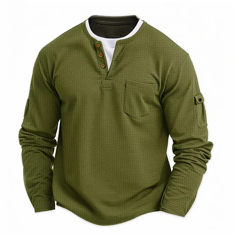 

Men's Fake Layered O-Neck Long Sleeve T-Shirt Autumn and Winter Patchwork Comfortable Button Solid Color Shirt