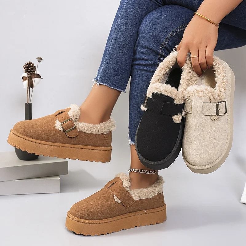 Inverno Addensato Peluche Appartamenti per Le Donne 2024 Marrone Pelliccia Sintetica Caldo Antiscivolo Scarpe Casual Donna Fahion Fibbia Tacco