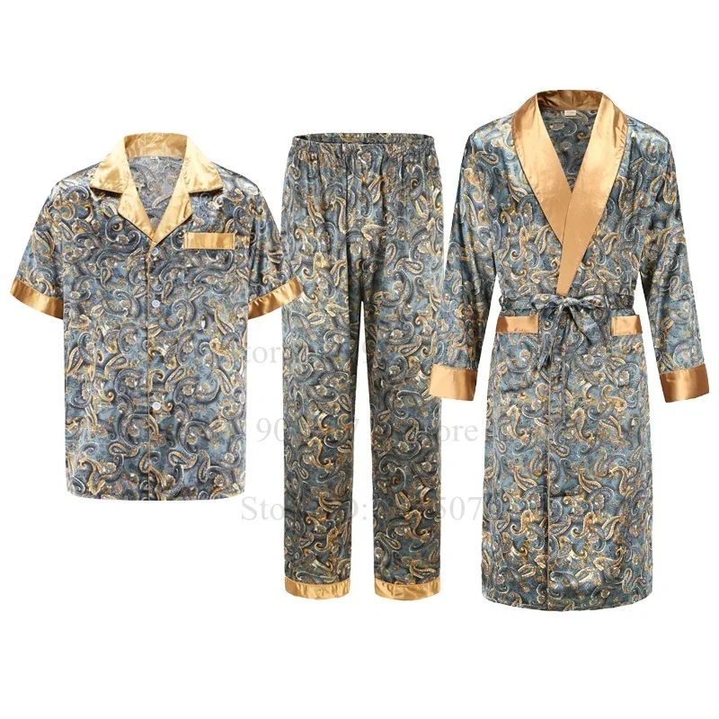 Summer Autumn New Bathrobe with Pocket Ice Silk Robe Male Casual Home Clothes Print Shirt&pants Loose Nightwear Loungewear