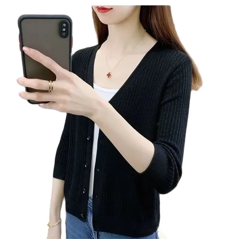 

Spring Summer Short Cardigan Knitting Coat Women 2024 New Fashion Loose Hollow out Pure Colour Black Sunscreen Shirt Female