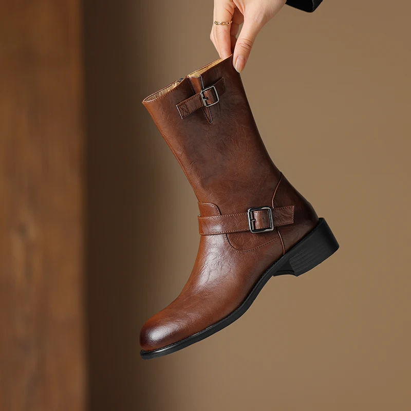 

Genuine Leather Western Cowboy Booties Ankle Boots,Double Belt buckle Block woman boots,knight boots,Modern boots,big size boots