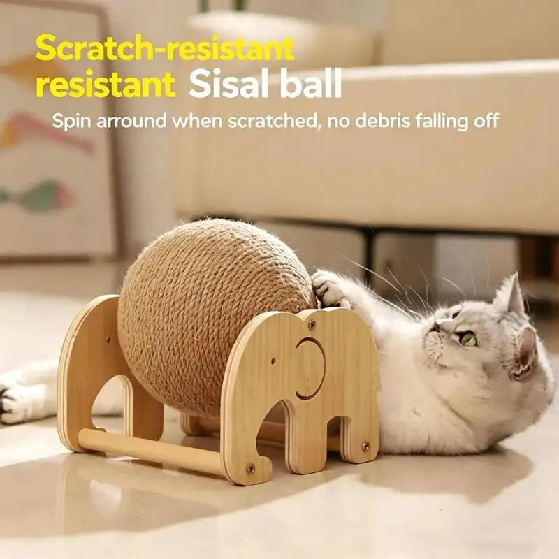 Elephant Shape Solid Wood Cat Scratcher Triangle Frame with Sisal Ball for Indoor Cat Claw Grinding Interactive Play