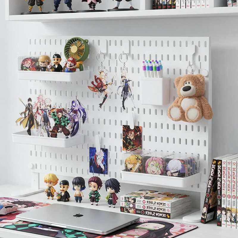 

Anime Gaming Desk Pegboard Organizer Drill Free Figure Keychain Badge Stationery Fan Holder Hooks Shelf Display