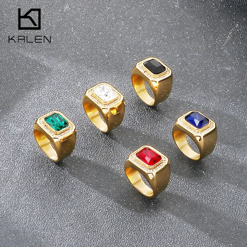 Hip Hop Red Crystal Accent Halo Larger Rings for Men Stainless Steel Square Cut Women's Finger Anillos Classic Wedding Jewelry