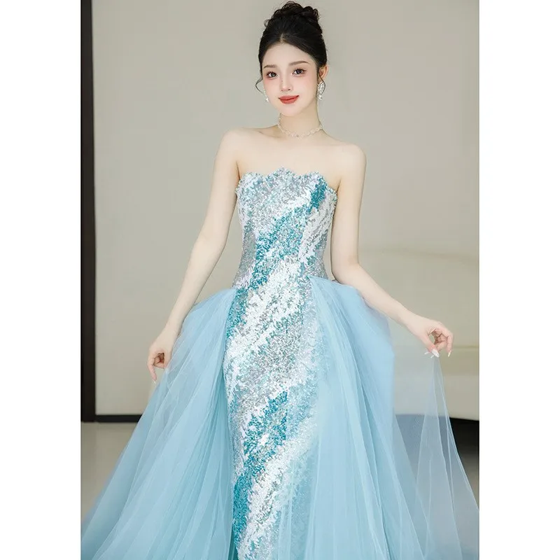 

Blue heavy industry temperament light luxury niche sequin breast fish tail banquet dress