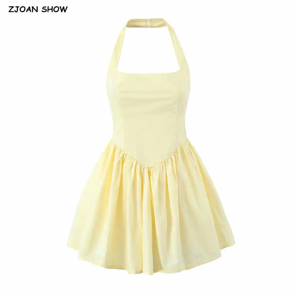 Sexy Solid Yellow Backless Halter Sling Dress Women Low Waist A-Line Pleated Swing Dresses Summer Party Robe 3 colors