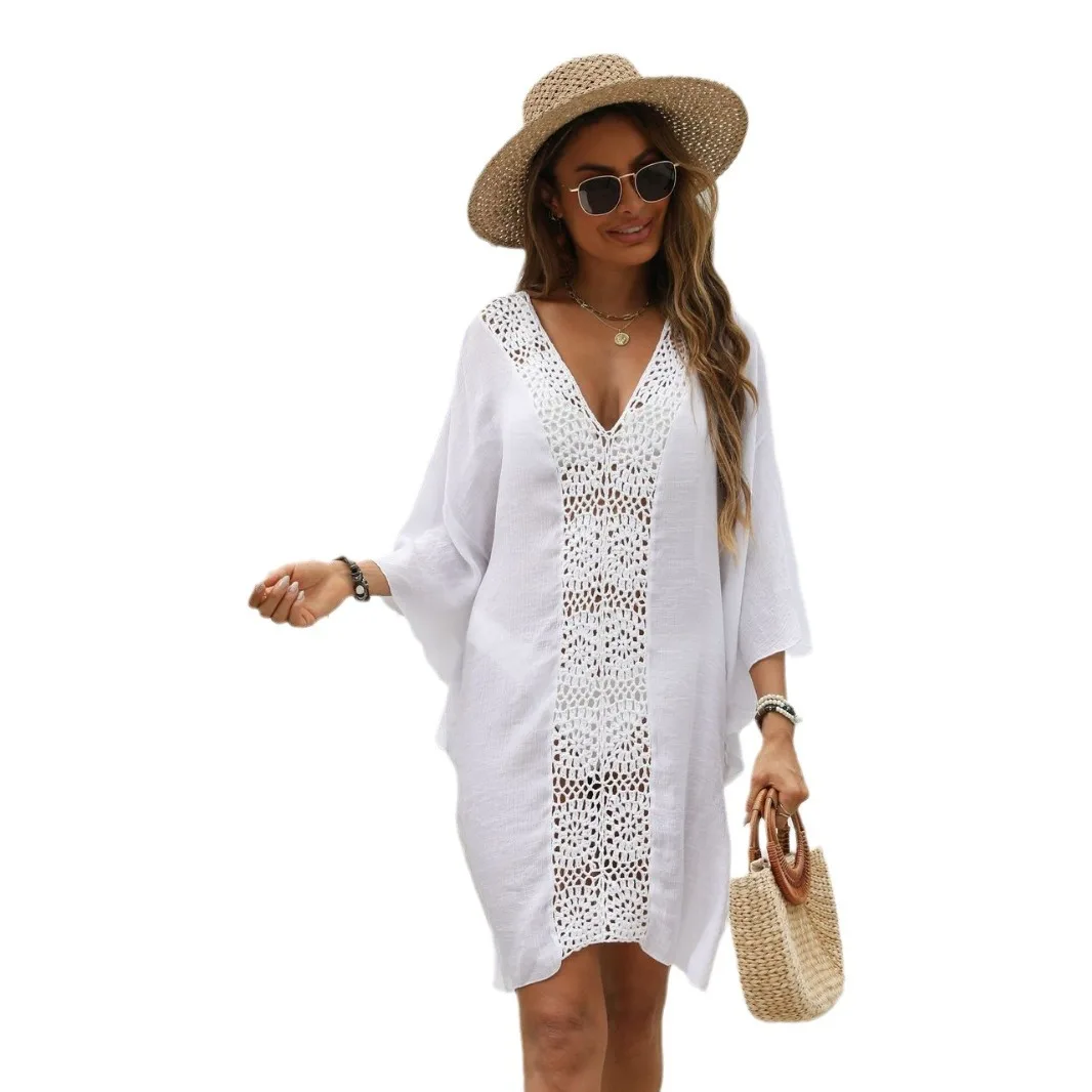 Hand Crochet Swimsuit Smock Sexy Women's V-neck Splicing Beach Sunscreen Shirt Bikini Smock