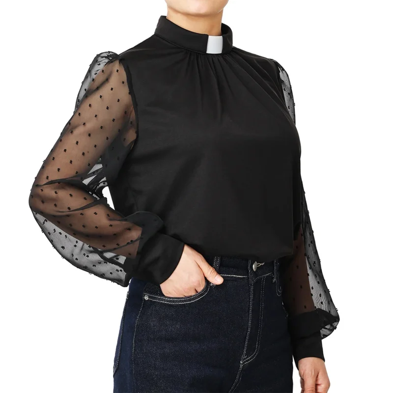 Female Cleric Blouse Black Clergy Shirt Women Pastor Church Priest Tab Collar Minister Costume PA2182