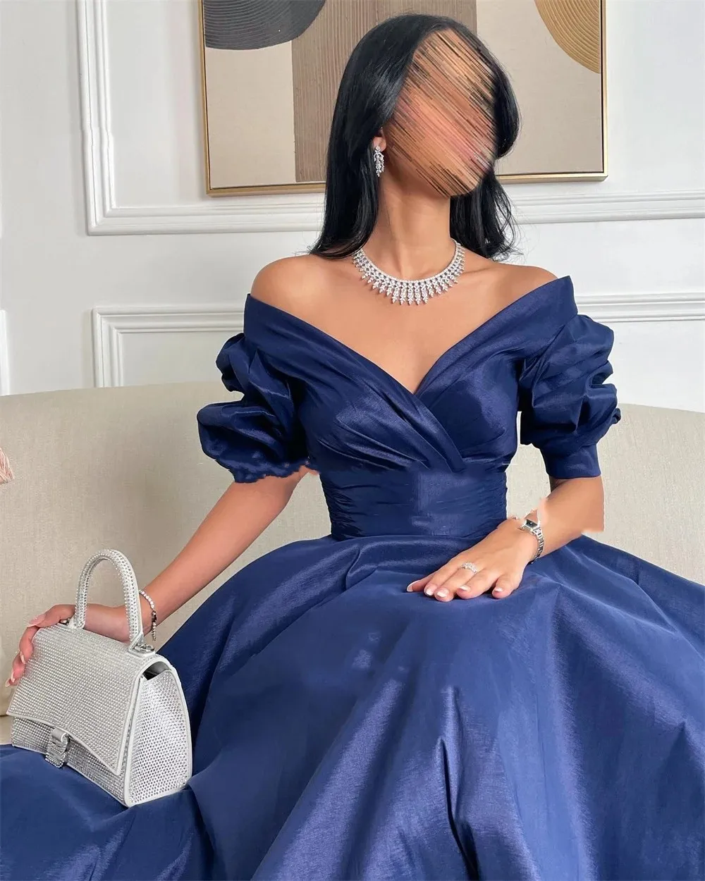 Flora Dress Blue Satin Off Shoulder Short Sleeves V-Neck Prom Dresses Pleats A-Line Elegant Formal Party Dubai Evening Gowns