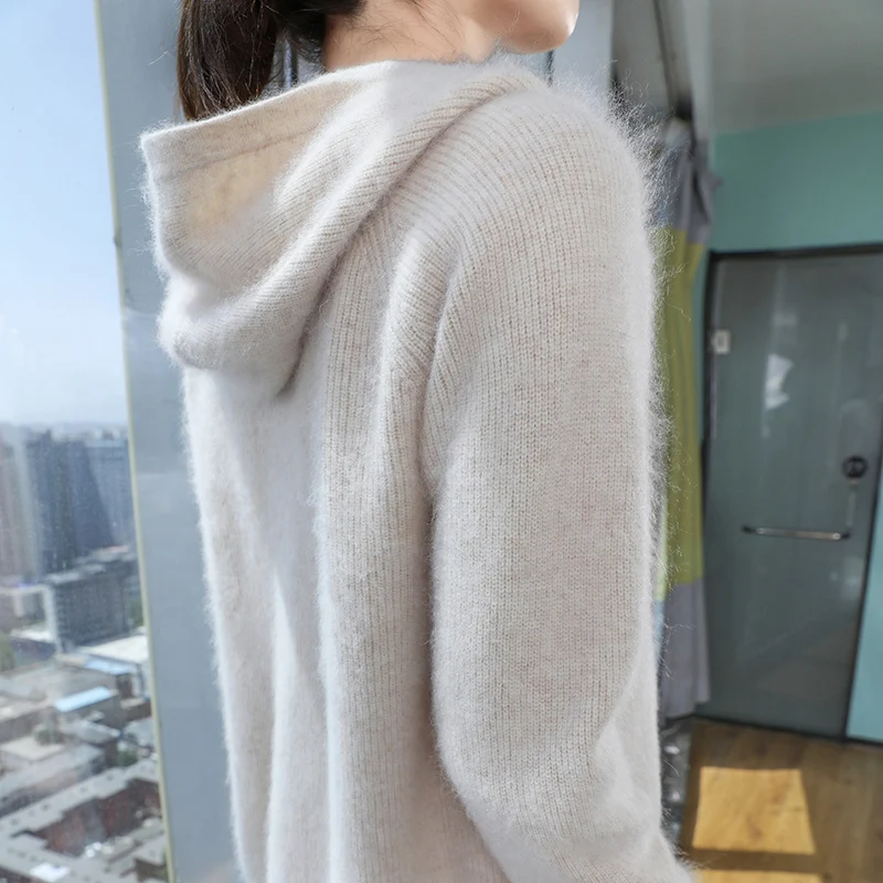 100% Pure Mink Cashmere Zipper Cardigan Women\'s Hooded Neck Knit Coat Hoodie Casual Loose Jacket Winter Long Sleeve Thicken Tops