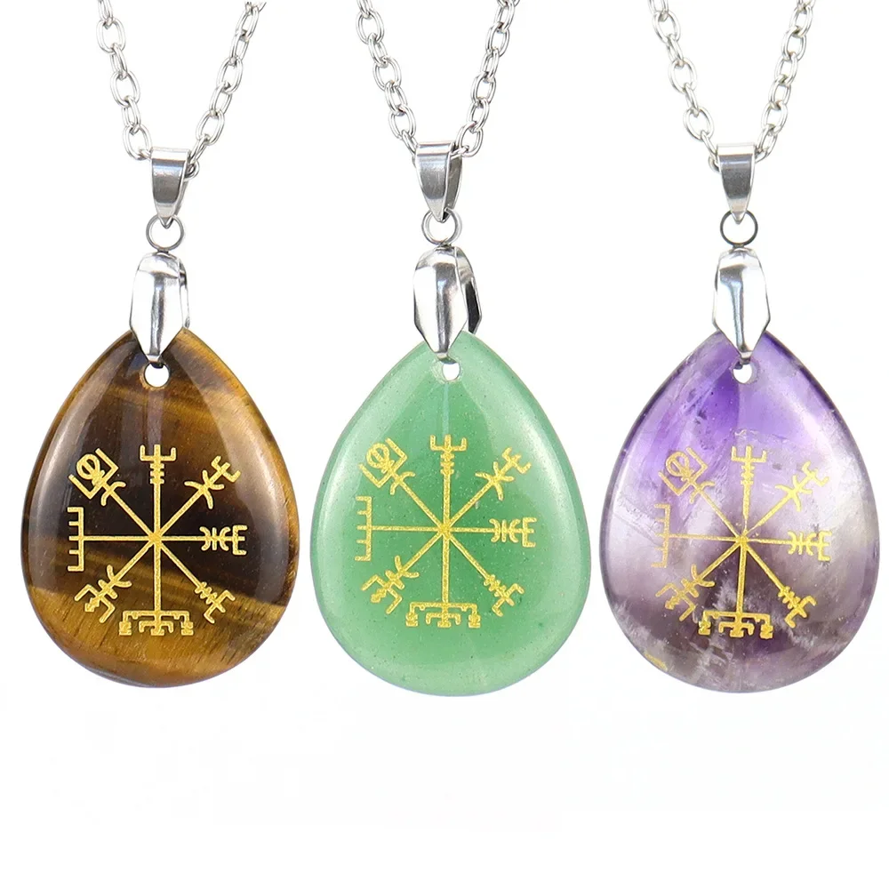 Natural Chakra Semi-precious Obsidian Amethyst Tiger Eye Stone Viking Rune Vegvisir Talsman Symbols Teardrop Pendant Necklace