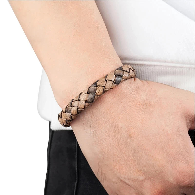 MKENDN Classic Vintage Stainless Steel Buckle Brown Braided Leather Bangle Bracelet Wristband Mens Gifts