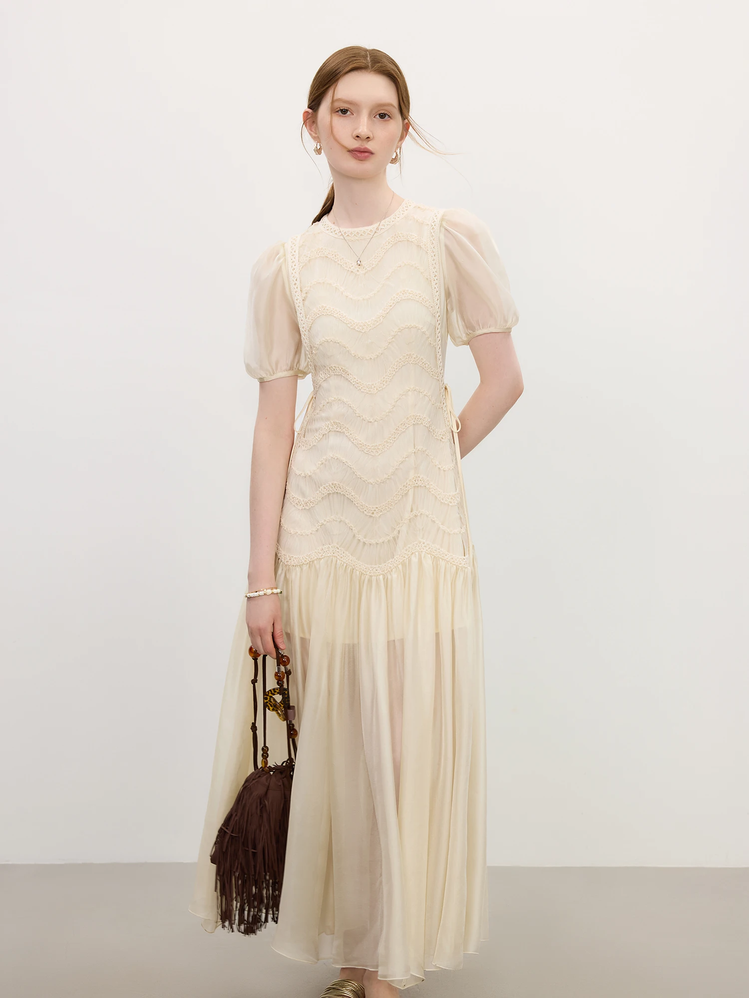 FSLE 2025 Summer Women's Mesh Embroidery Dress Hollow Out Splicing Bubble Sleeves Waist Tie Y2K Trendy Boho Chic 25FS12832