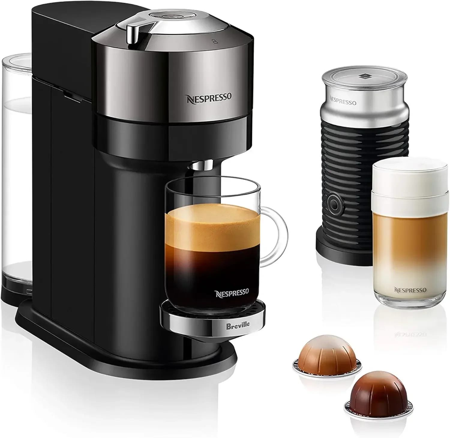 Nespresso Vertuo Next Deluxe koffie- en espressomachine, puur chroom met Aeroccino melkopschuimer, 1,1 liter, zwart, donker chroom