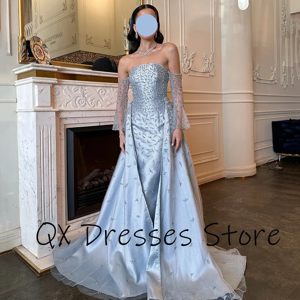 Customized Yipeisha Luxury Sky Blue Satin Strapless Evening Dresses With Watteau Train Beading Squnined Sheath Floor Length Gala