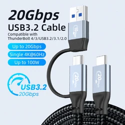 2 in 1 USB3.2 10/20Gbps USB C/A to Type-C ThunderBolt 3 Data Cable 4K@60Hz PD100W Fast Charger for MacBook Pro Samsung Xiaomi