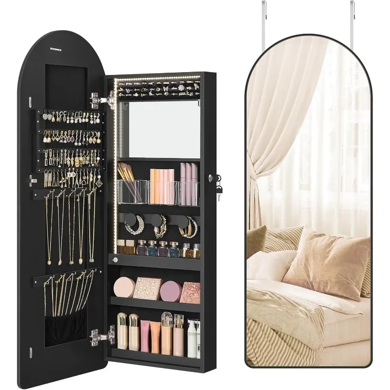 Wide Jewelry Organizer, LED Jewelry Cabinet Wall/Door Mounted, Arched Mirror with Storage, Lockable, Rounded Corner, Interior