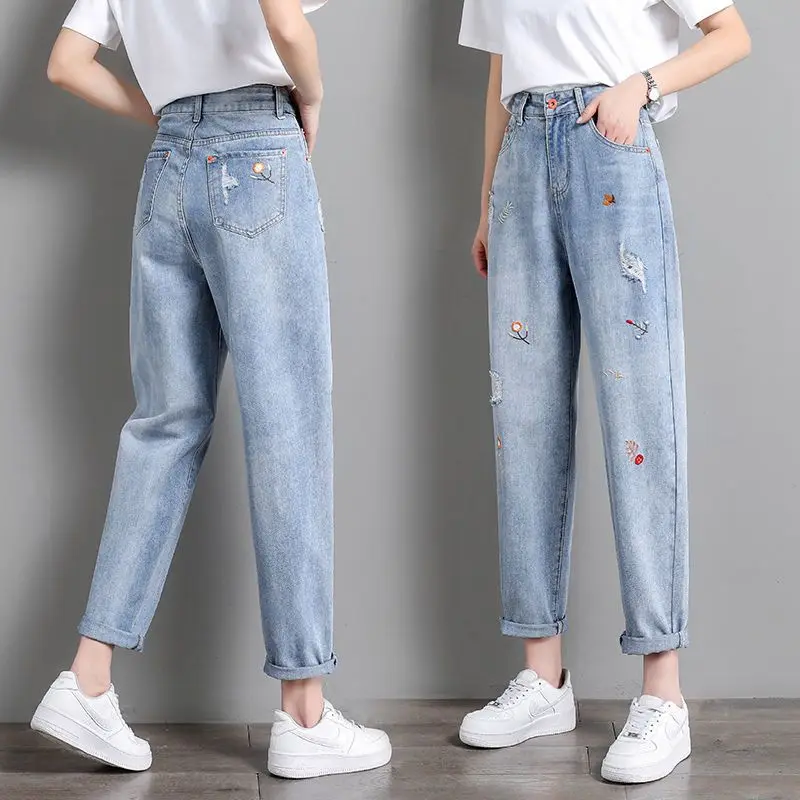 

y2kdenim for lady Spanx Women's Summer New High Waist Embroidery Ripped 9 Length Jeans Thin Loose Slimming All Match Harem Pants