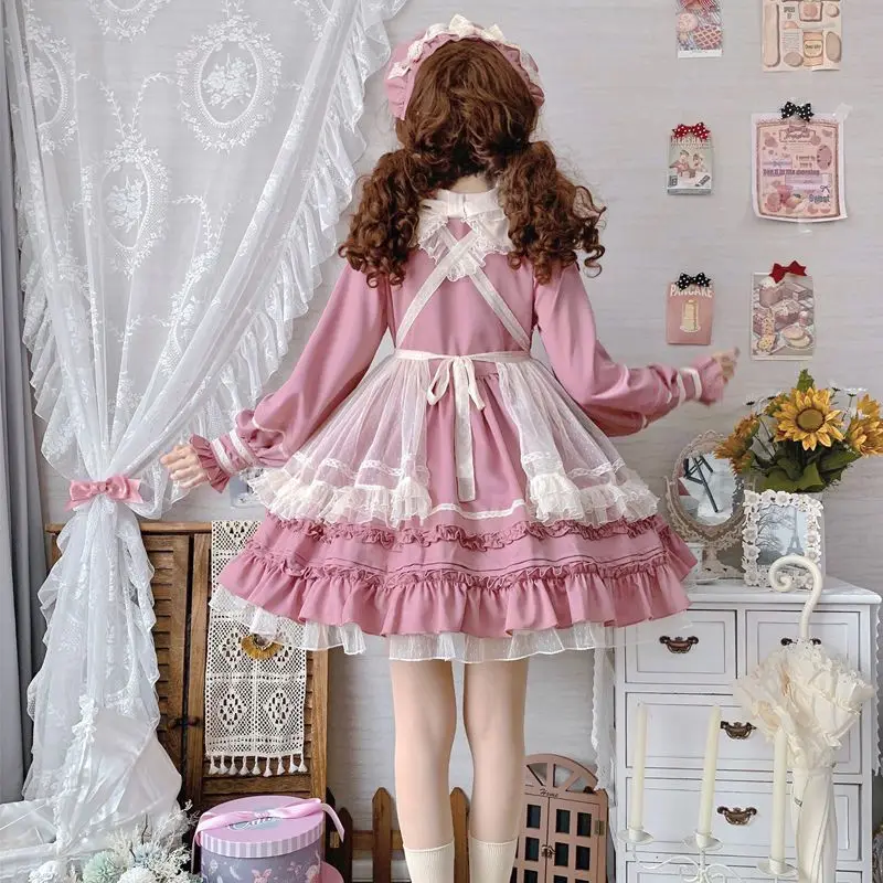 Vestido Lolita OP com laço feminino, linha A, Harajuku, doce princesa, festa cosplay, vestidos de manga comprida, japonês, 4 cores