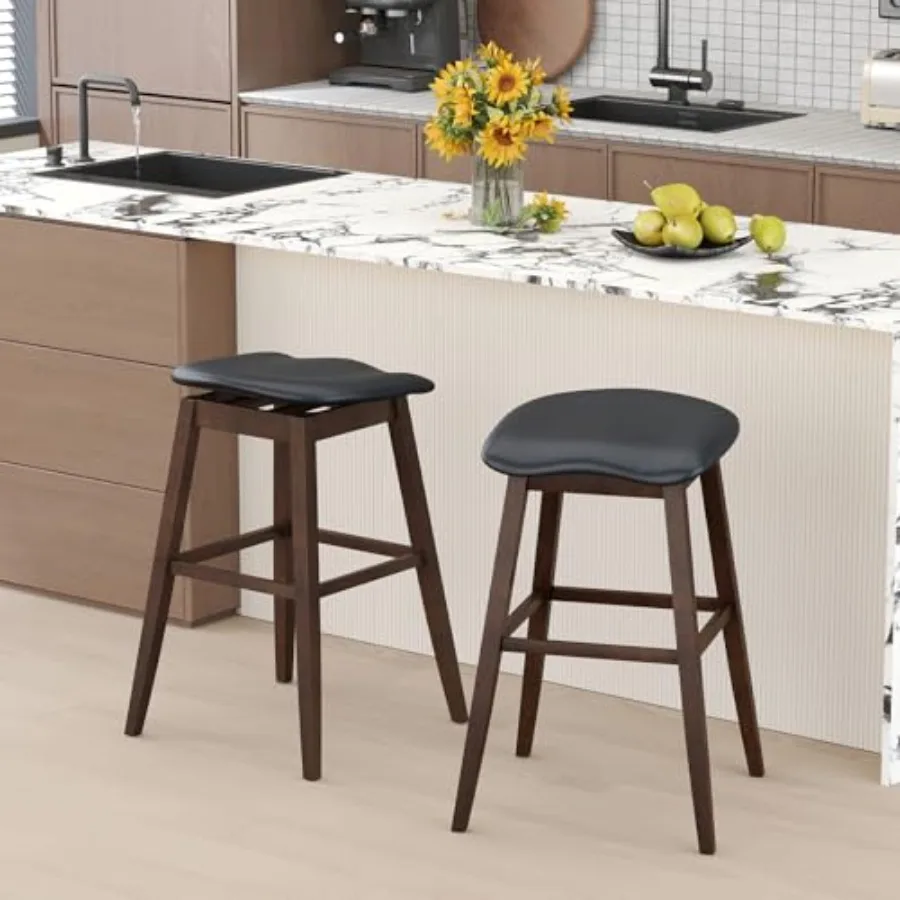 

Swivel Bar Stools, 31-inch Height Backless Bar Chairs with Padded Contoured Seat, Footrest, Rubber Wood Legs, PVC Leather Stool
