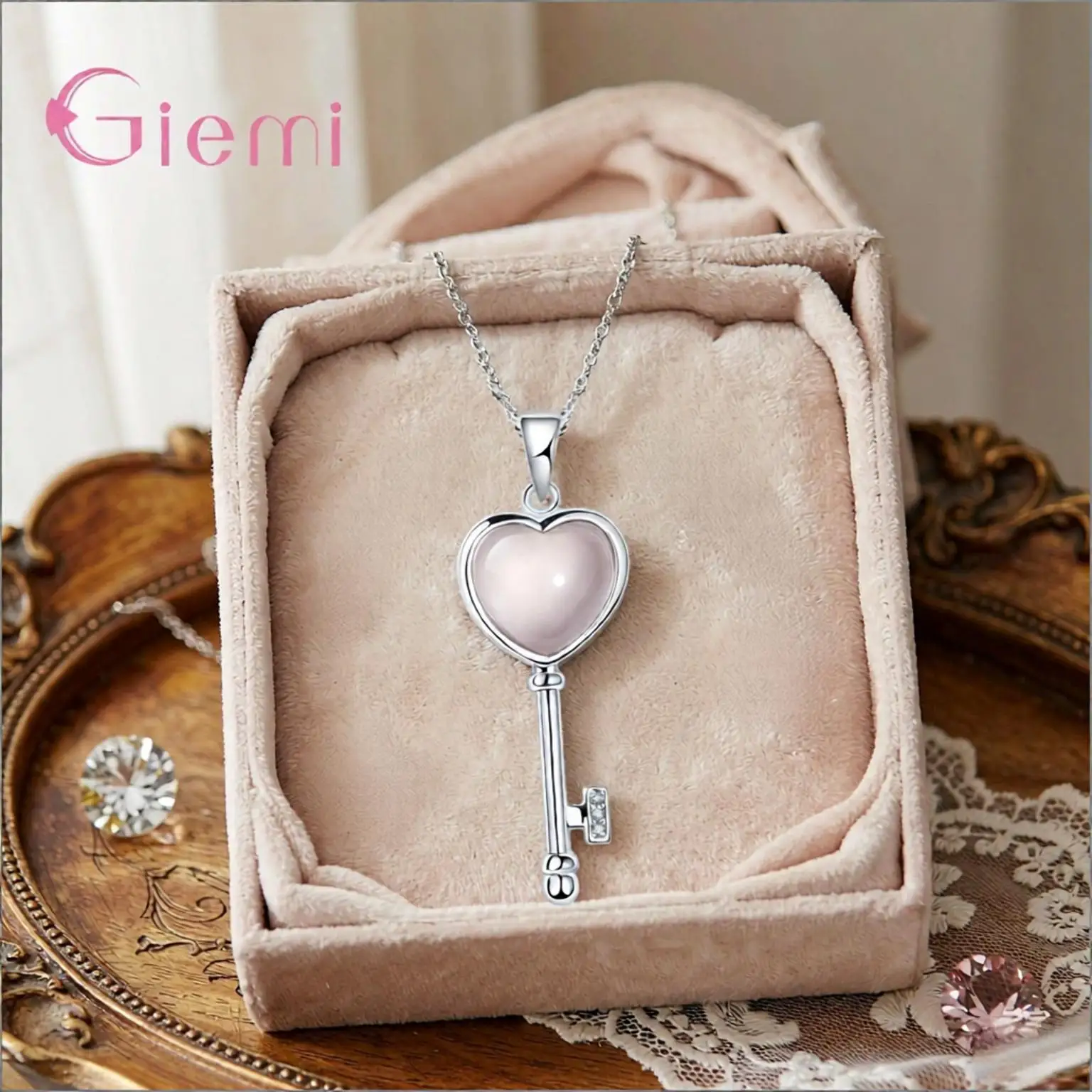 Romantic 925 Sterling Silver Love Heart Key Moon Stone Pendant Necklaces For Women Girls Wedding Party Fashion Jewelry Gifts