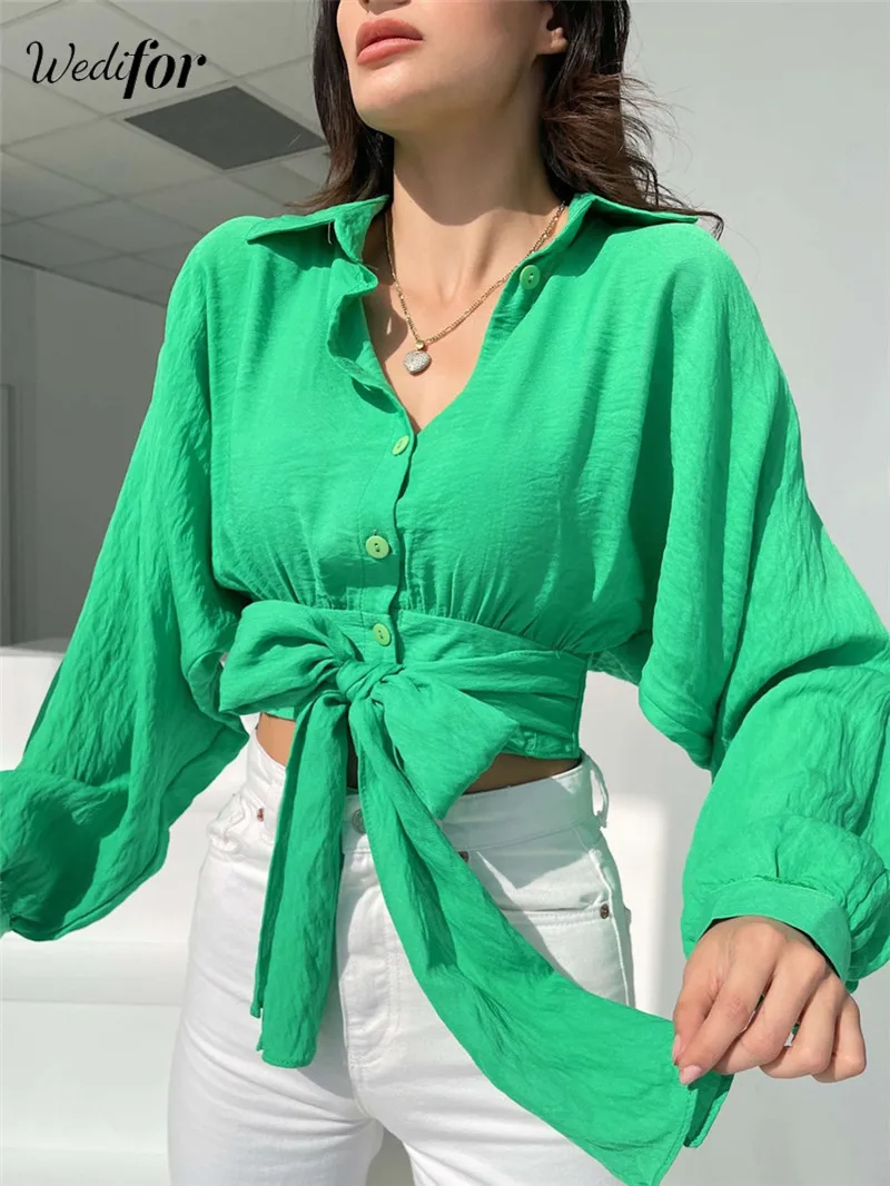 

Wedifor Autumn Winter Batwing Sleeve Women Blouse Fashion Lace Up Button Casual Shirt Green Turn-down Collar Streetwear Tops