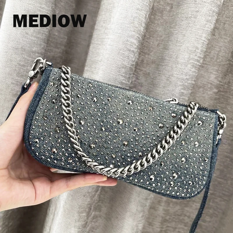 Tas tangan desainer mewah untuk wanita, tas malam MEDIOW, tas dan dompet desainer mewah, tas bahu Mini berlian imitasi berkilau, tas Denim mosaik baru 2024