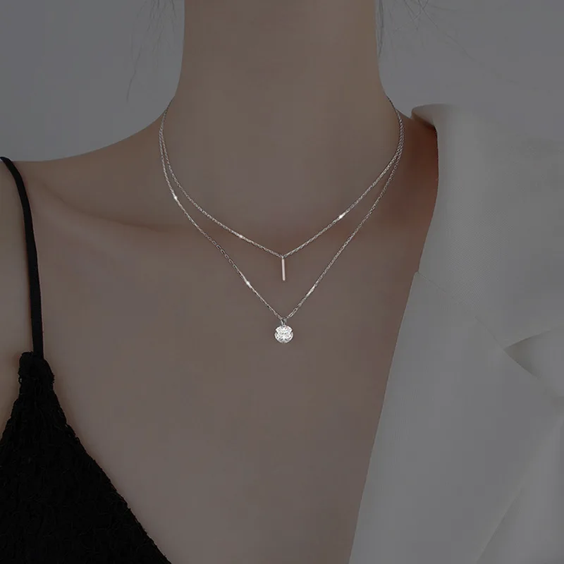 

Trendy 925 Sterling Silver Double-layer Flash Diamond Round Long Strip Pendant for Women Fashion Jewelry Cute Accessories