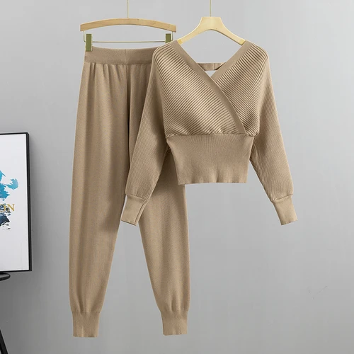 Imagen 2 del producto Chándal elegante Sexy para mujer, conjunto de dos piezas, Top de punto acanalado con espalda descubierta y pantalón largo Harem, traje de otoño y2k Traje deportivo de moda para mujeres ropa mujer conjuntos de pantalón