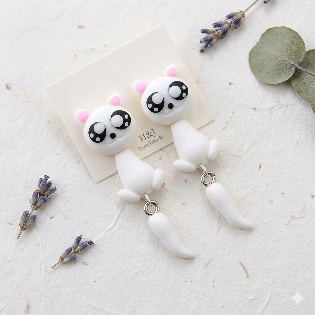 Handmade 3D White Cat Polymer Clay Stud Earrings For Women Kids Cute Kitten Front Back Ear Jackets Kawaii Pet Animal Earrings