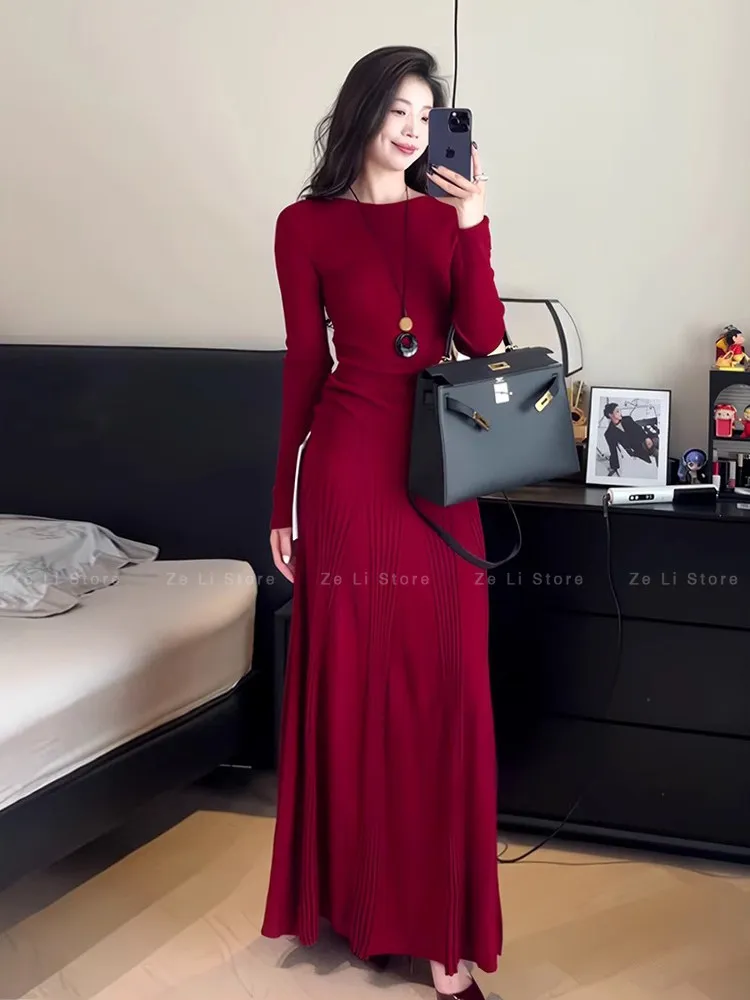 Red Long Sleeve High Waist  Skirt Set Women's Fashion Autumn Pear Shape Fish Tail Bodycon Outfit Gentle Intellectual Style