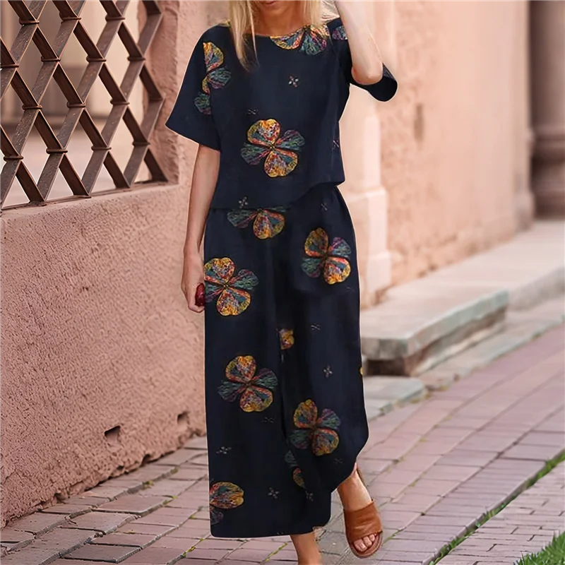 AC76-المرأة 2 قطعة الكتان قصيرة الأكمام مجموعة Crewneck القمم بنطال ذو قصة أرجل واسعة مجموعة حجم كبير الزي الصيفي البحرية الزهور XXL #3