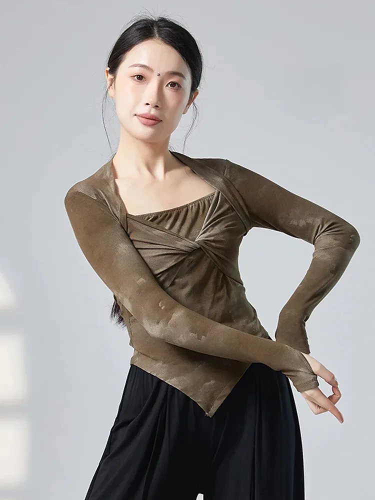 Tie Dye Slim Fit Ballet Dance Top for Women, Long Sleeve Square Neck Asymmetrical Shirt for Training and Artistic Performances