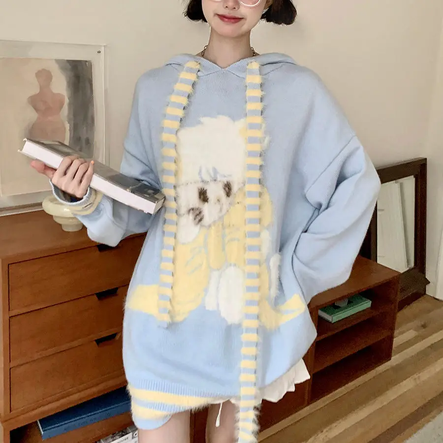 秋と冬のドーパミンニッチカーディガンフード付きセーター女性のためのかわいいストライプカラーブロックウサギの耳コートトレンディ