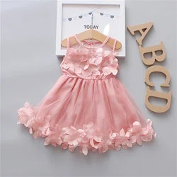 Baby Girls' Red Christmas Birthday Party Dress Preschool Children's Hollow Out Sleeveless 3d Petal Mesh Summer Clothing