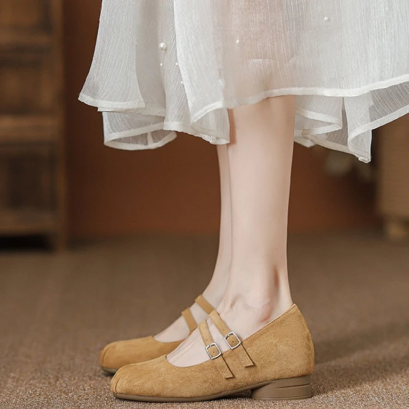 Suede Double-Strap Mary Jane Shoes, Split-Toe Square Toe Shallow Pumps, Gentle Retro Flat Shoes for Women view 6