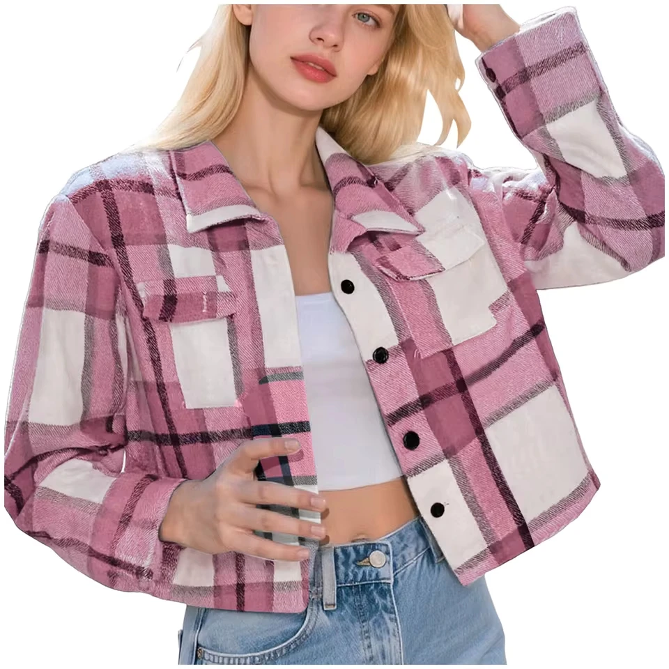 

Women Cropped Plaid Button Down Shirt Coat Casual Cute Flannel Coat Small Fragrance Vintage Long Sleeve Cropped Coat