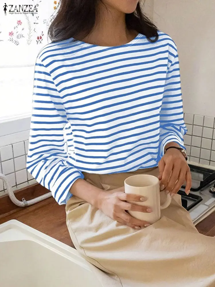 2025 outono blusa zanzea feminino o pescoço manga longa topos listra túnica elegante camisa de trabalho oversize chemise casual solto pulôver