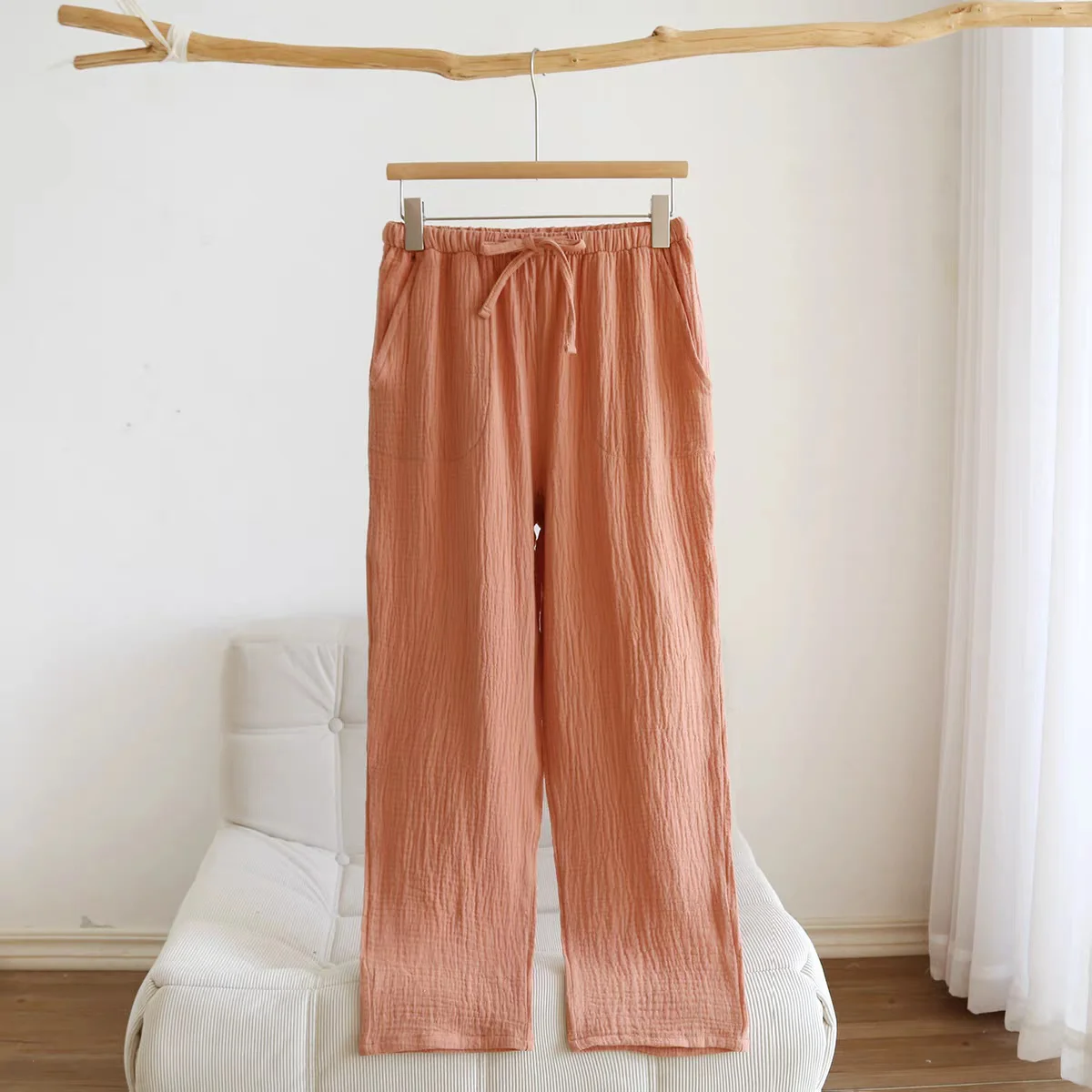 Summer Female Wide Leg Long Pants Homewear Loose Casual Joggers Women's Double Layer Cotton Drawstring Sleeping Pants