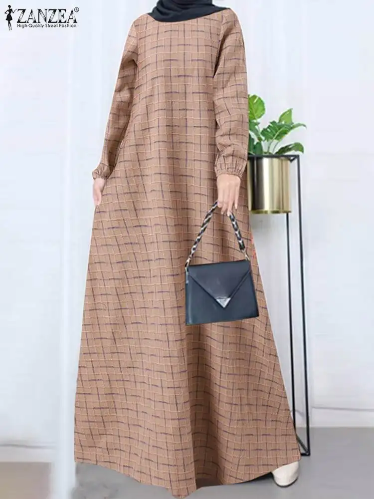 Vintage Grid Printed O-Neck Loose Dresses ZANZEA Muslim Maxi Long Dress Bohemian Fashion Sundress Holiday Ramadan Casual Kaftan