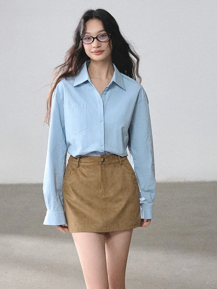 Blue Suede Shirt Top And Skirt Set Commuter Style by LulusMiracle Women's Casual H-Shape Polyester Blend Zipper Front Dress