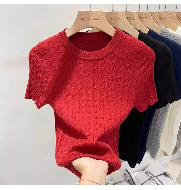 Zjaiss 2026 Summer Korean Retro Elegant Texture Short Sleeve O-Neck Twist Knit Top Women Soft Casual Versatile Thin T-shirt