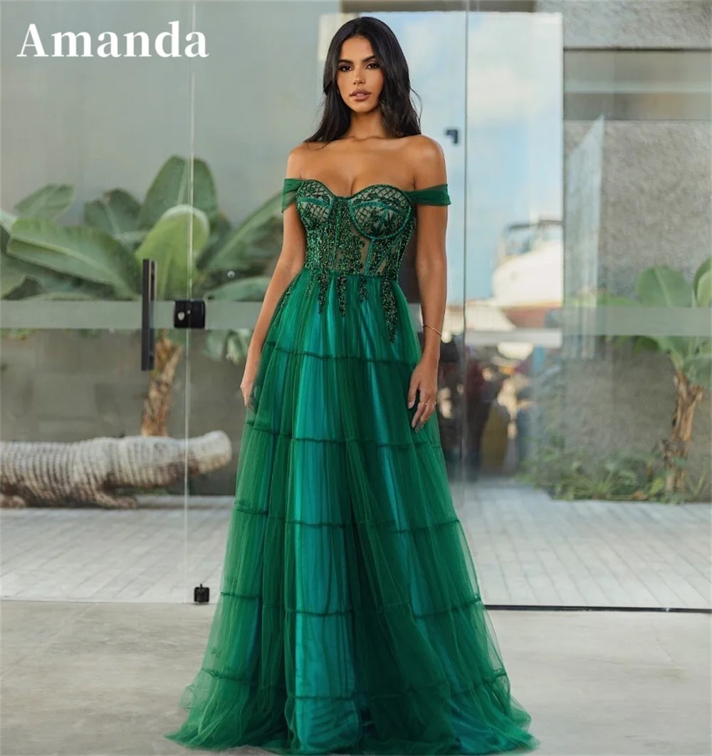 Amanda Off Shoulder A-line Vestidos De Noche renda sulam gaun Prom hijau Tulle elegan Maxi فساتين رberapa