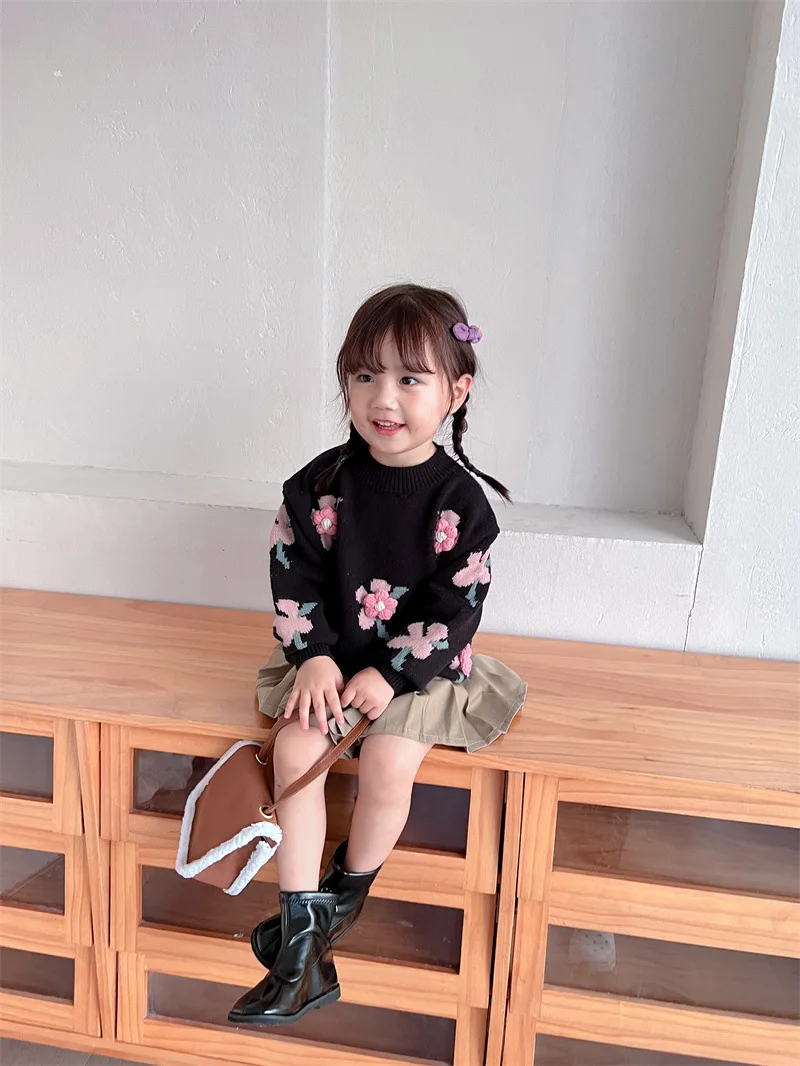 Autumn Winter Baby Girl Sweater Infant Toddler Girl Sweet Full Printed Pullovers Knitted Handmade Flower  Children Girls Sweater