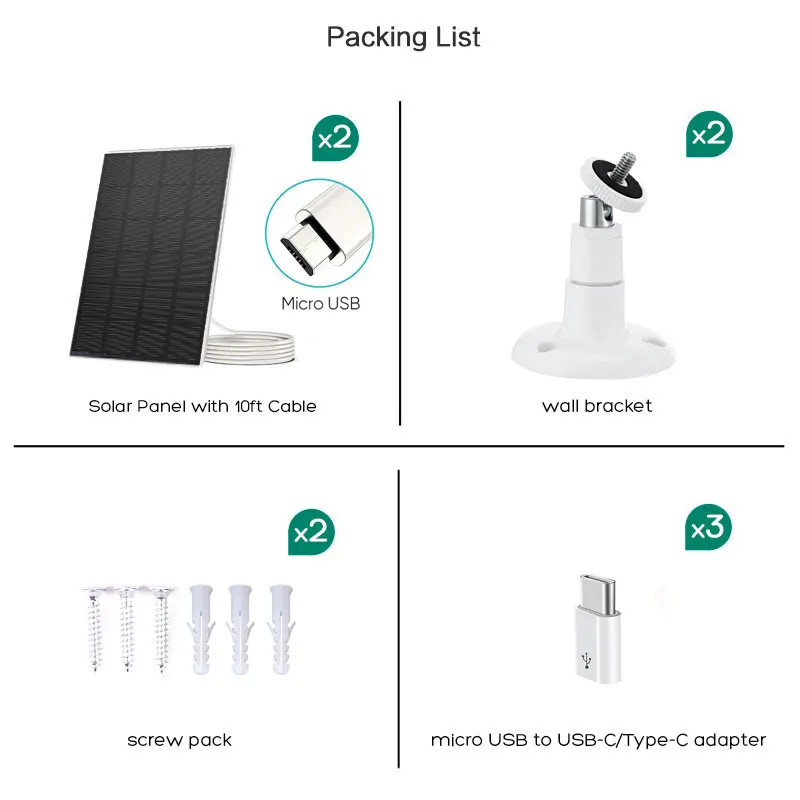 5V Solar Panel for Security Camera, Micro USB Charging Port and Type-C Adapter Non-stop Charging Rechargeable Battery Camera