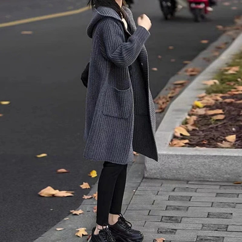 Autumn and Winter New Women's Hooded Cardigan Long-sleeved Sweater Casual Loose Medium and Long Solid Color Knitwear Jacket